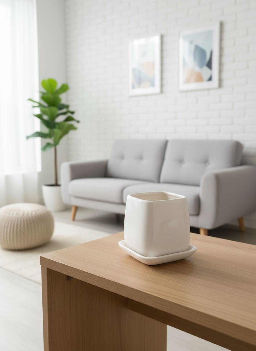 Modern Minimalist White Square Ceramic Planter with Matching Drainage Tray — alternate view