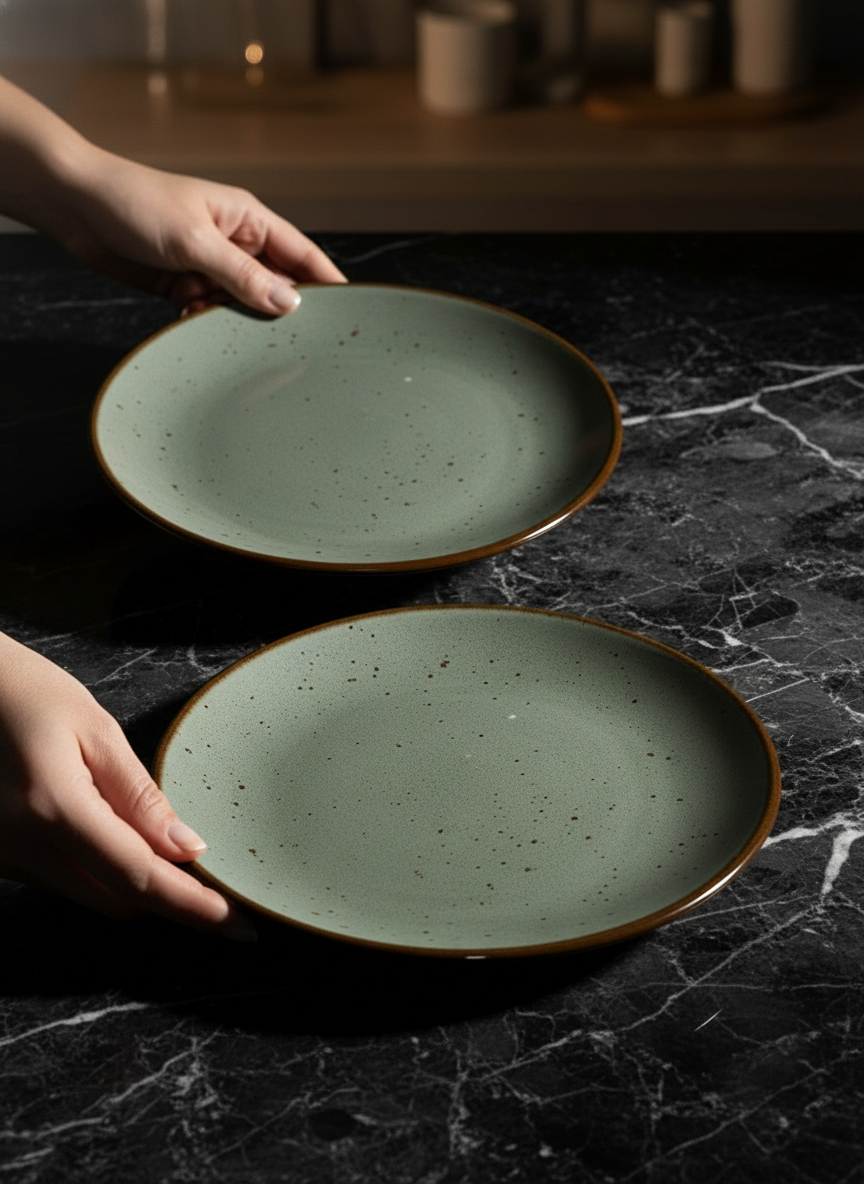 Sage Green Speckled Ceramic Snacks Plate Set (Set of 2)