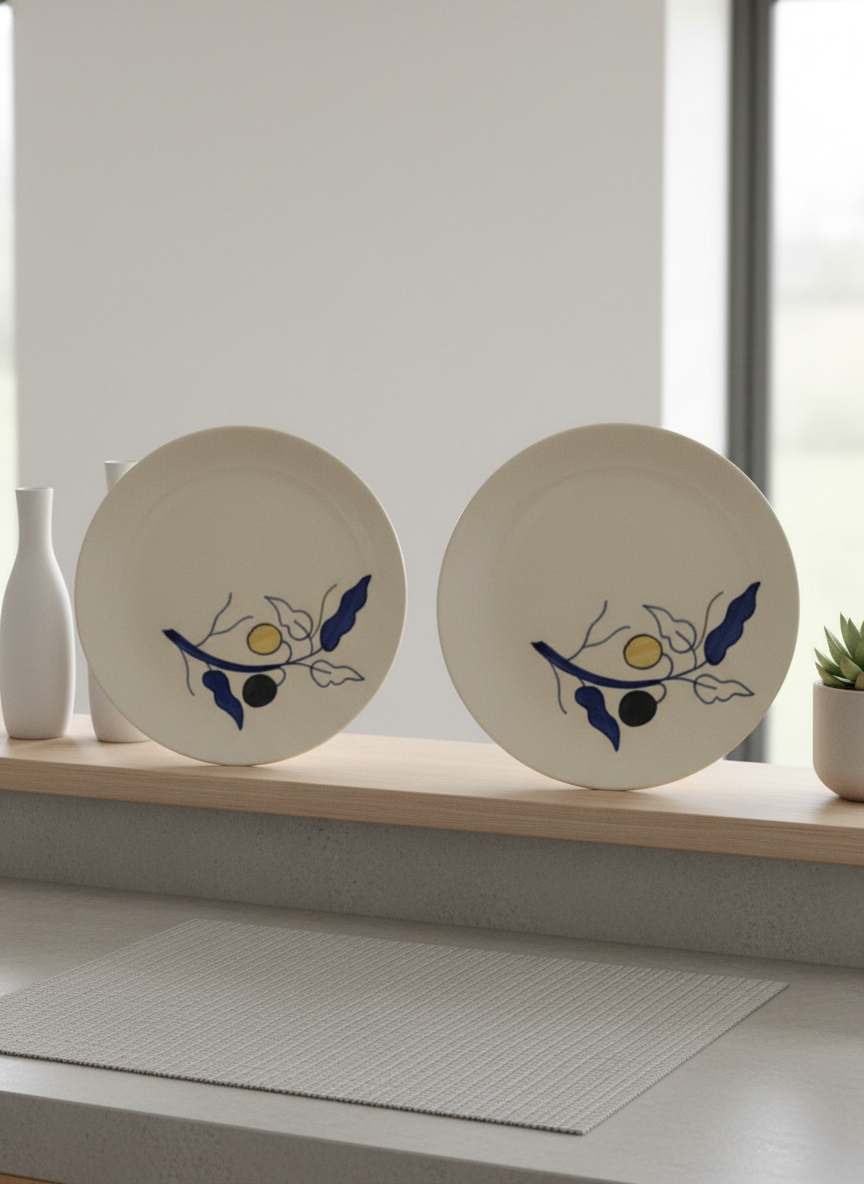 Hand-Painted Cream Artisan Ceramic Dinner Plate Set - Botanical Bliss