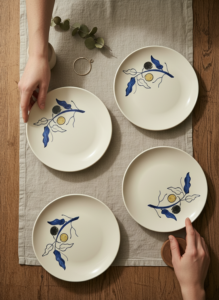 Hand-Painted Cream Ceramic Side Dinner Plates - Set of 4