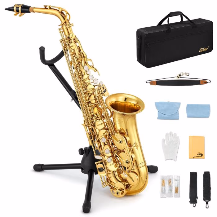 SAXOFON ALTO EASTAR AS-II BEMOL KIT COMPLETO COLOR LACADO EN ORO 