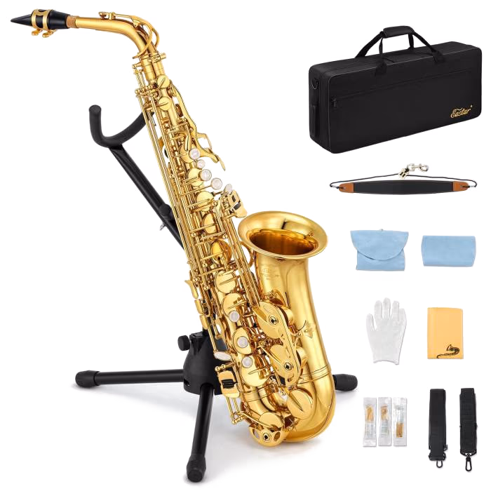 SAXOFON ALTO EASTAR AS-II BEMOL KIT COMPLETO COLOR LACADO EN ORO 