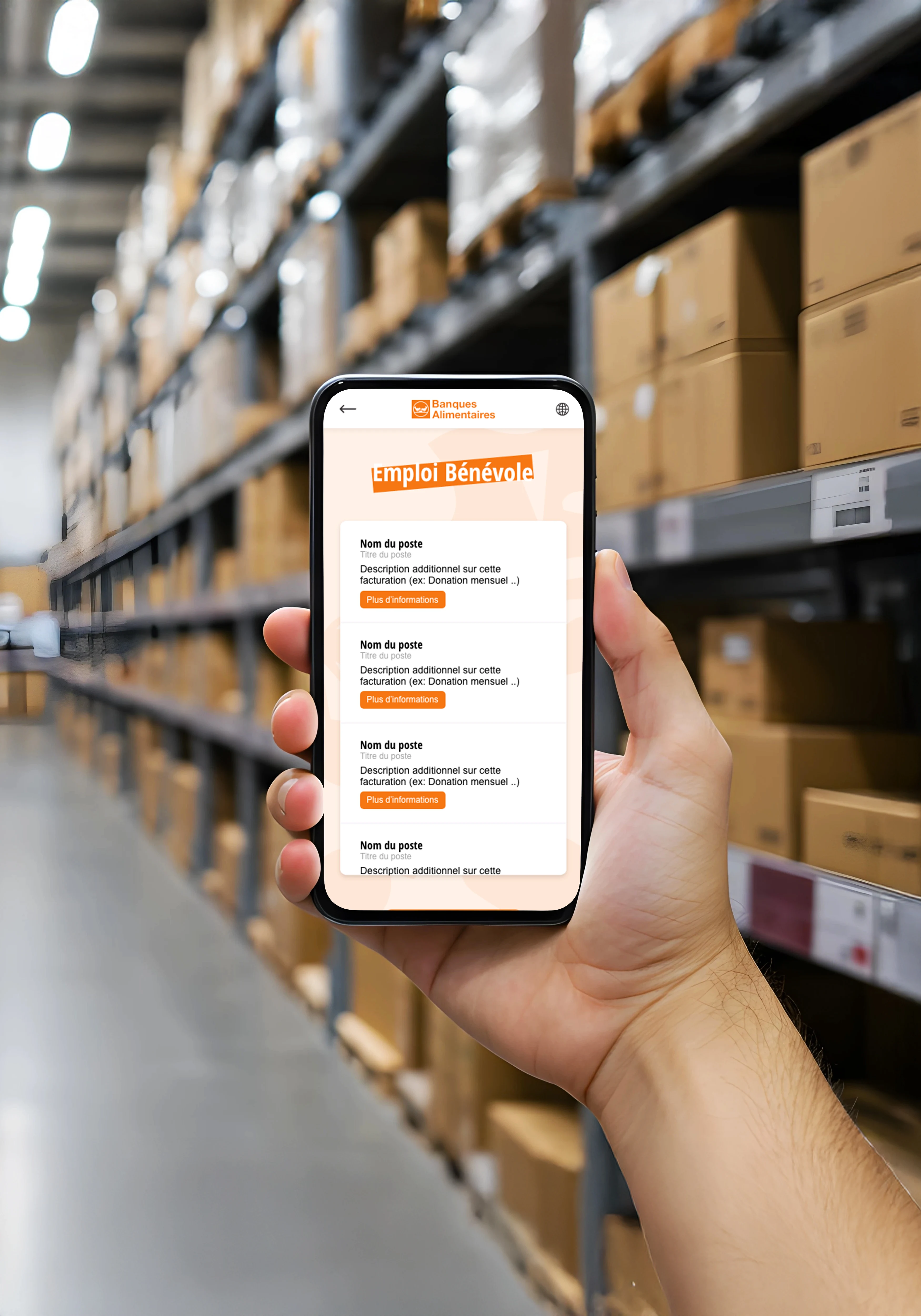 Écran liste d'emplois de bénévoles