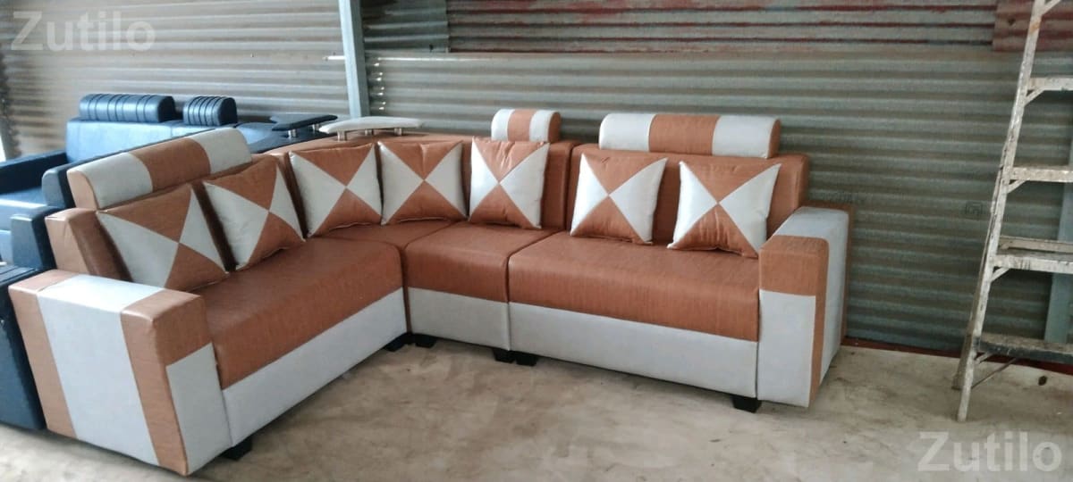 L Shape Brown and White Sofa Set - Sofa Sets - Bhavnagar City - Image 1