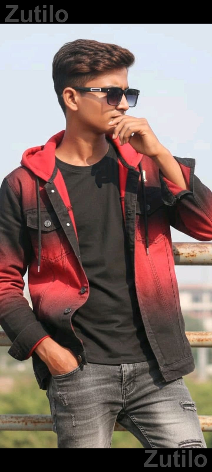 Men's Red and Black Hooded Jacket Shirt
