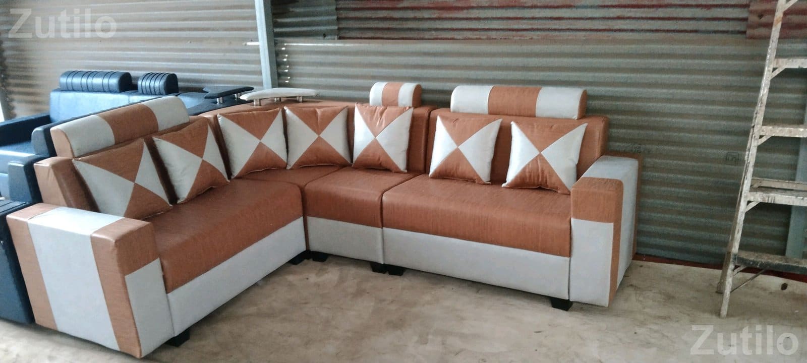 L Shape Brown and White Sofa Set