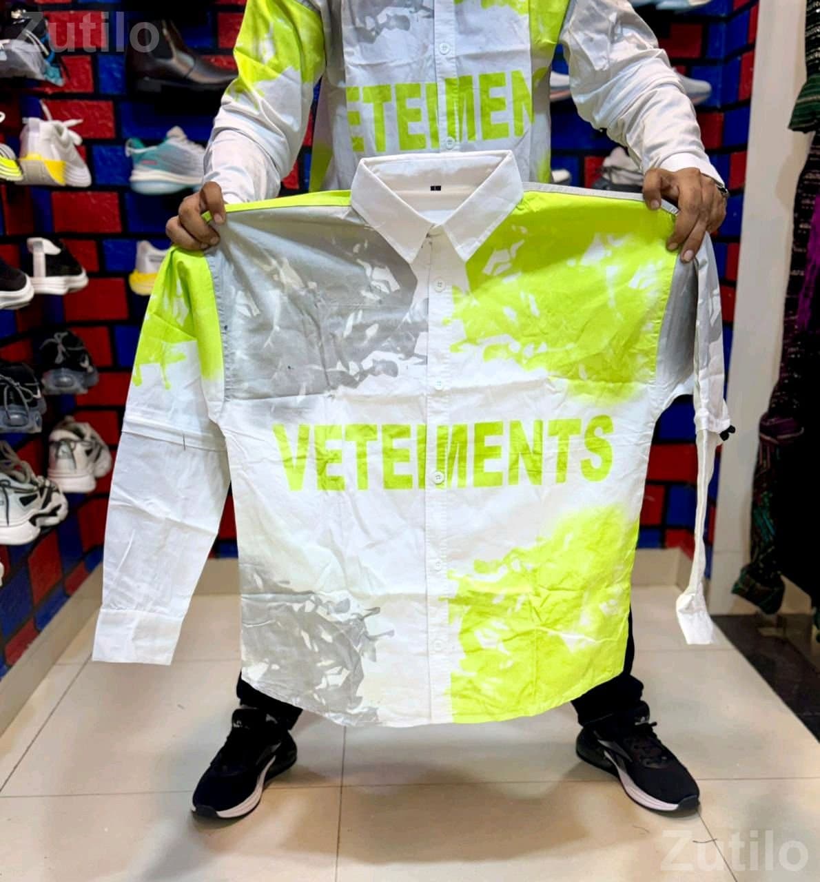 Men's Printed Casual Shirt in White and Neon