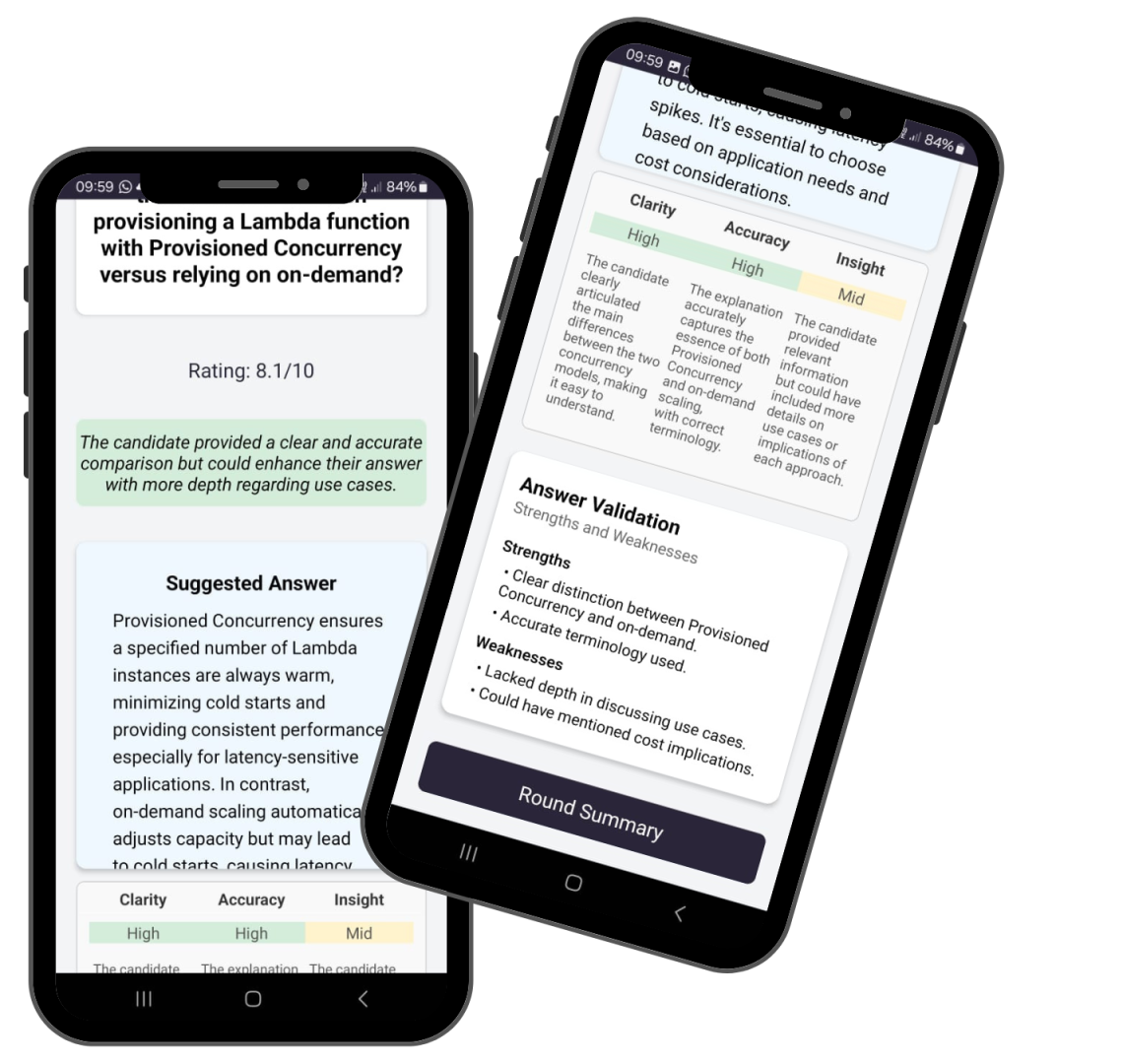 Screenshot showing AI-powered feedback after interview response with evaluation metrics