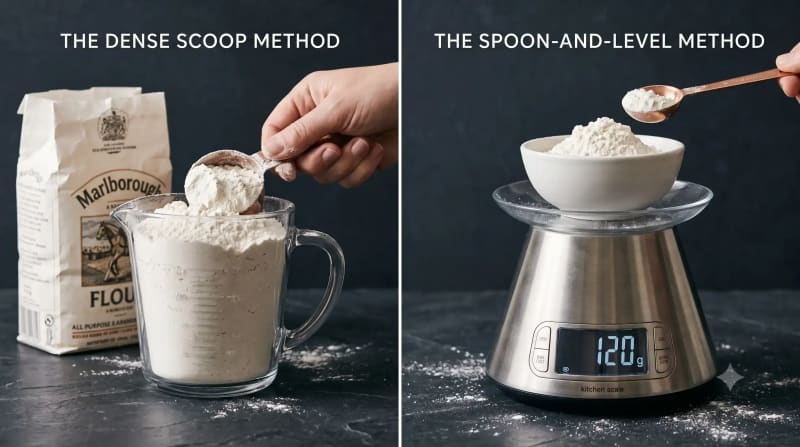 Comparing scooped cup of flour weight versus weighed grams for baking precision