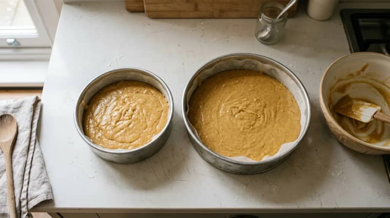 Two different-sized round cake tins containing cake batter at different depths.