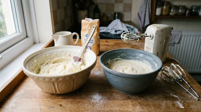 Two bowls of creamed baking fat and sugar showing slightly different homemade textures.