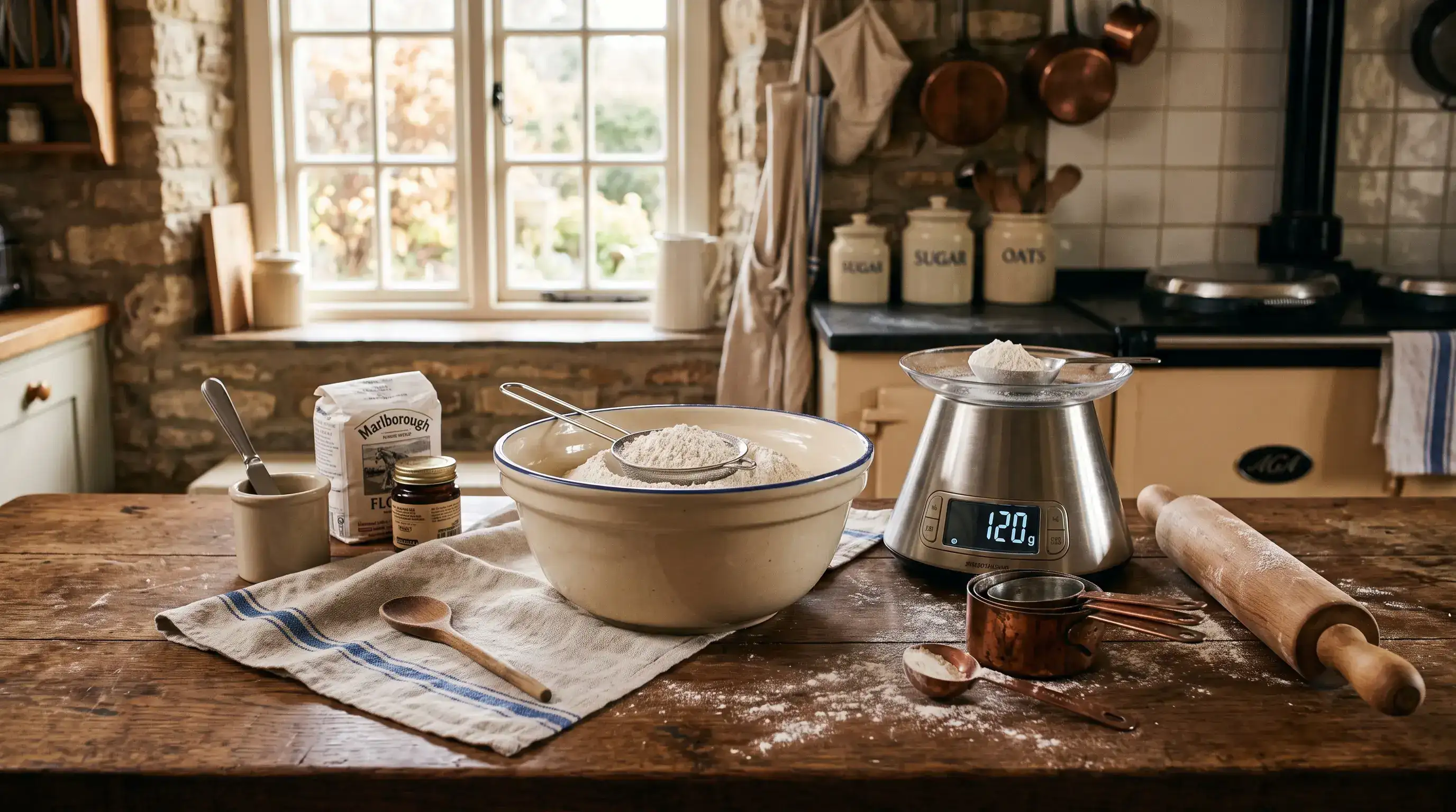 Elowen Vance measuring baking ingredients with digital scale and cups in British kitchen