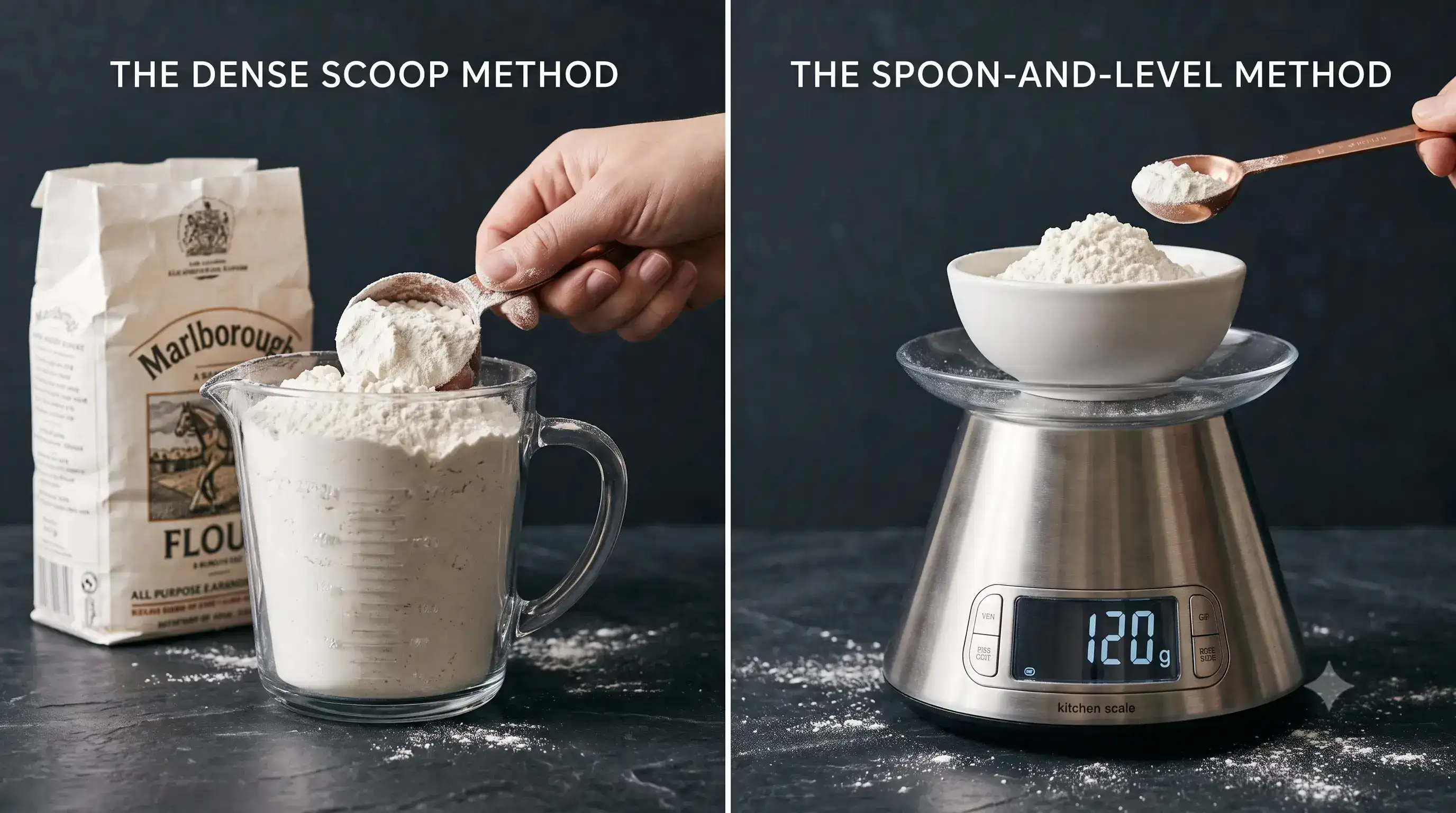 Comparing scooped cup of flour weight versus weighed grams for baking precision