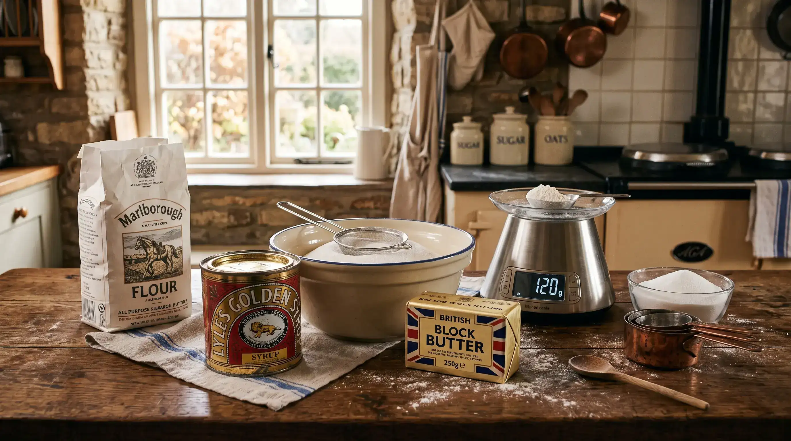 British baking ingredients including caster sugar, golden syrup, and plain flour