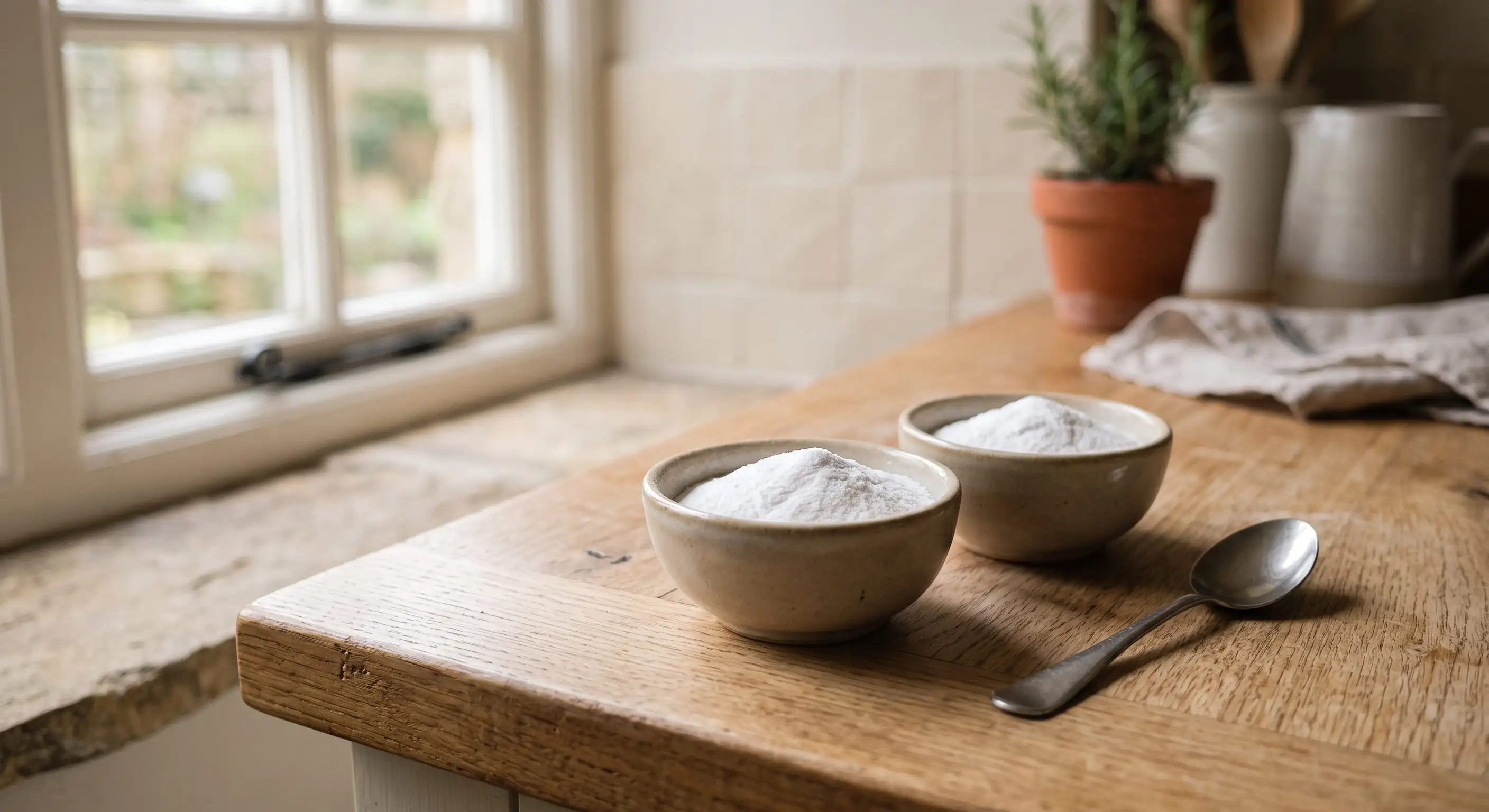 Two small bowls of white bicarbonate of soda powder on a kitchen worktop, styled for British home baking