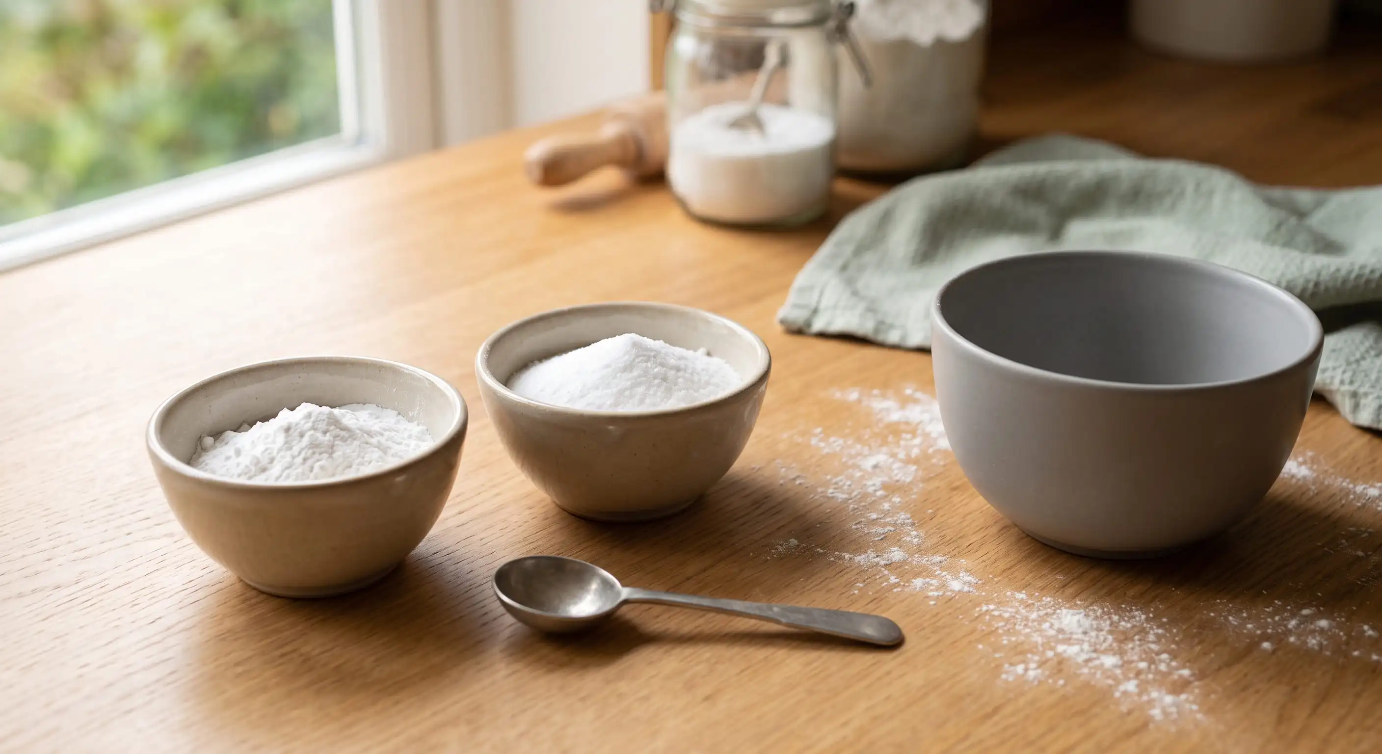 Small bowls of baking powder and bicarbonate of soda beside baking spoons and flour in a British kitchen