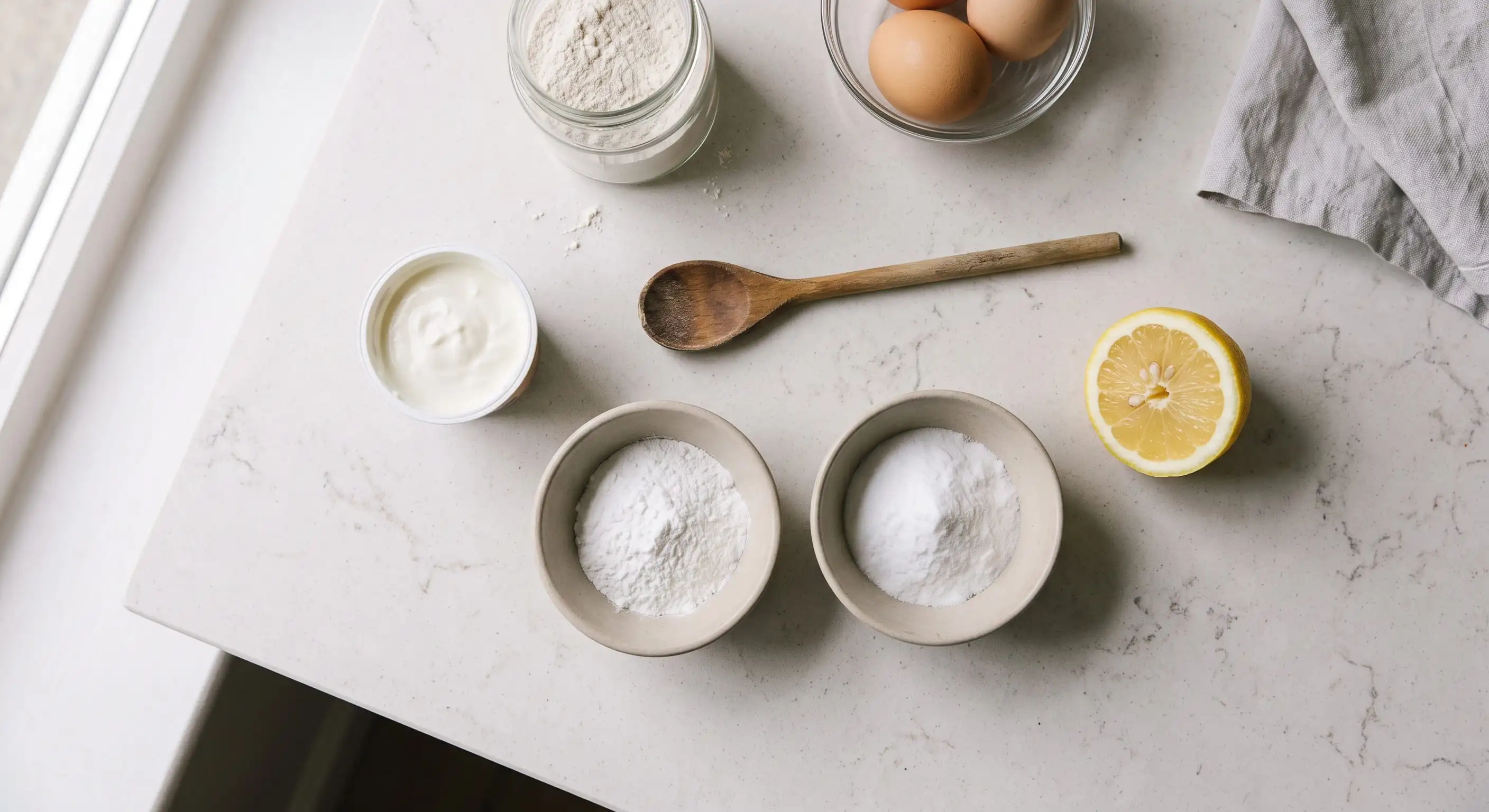 Bowls of baking powder and bicarbonate of soda beside yoghurt and lemon on a kitchen counter
