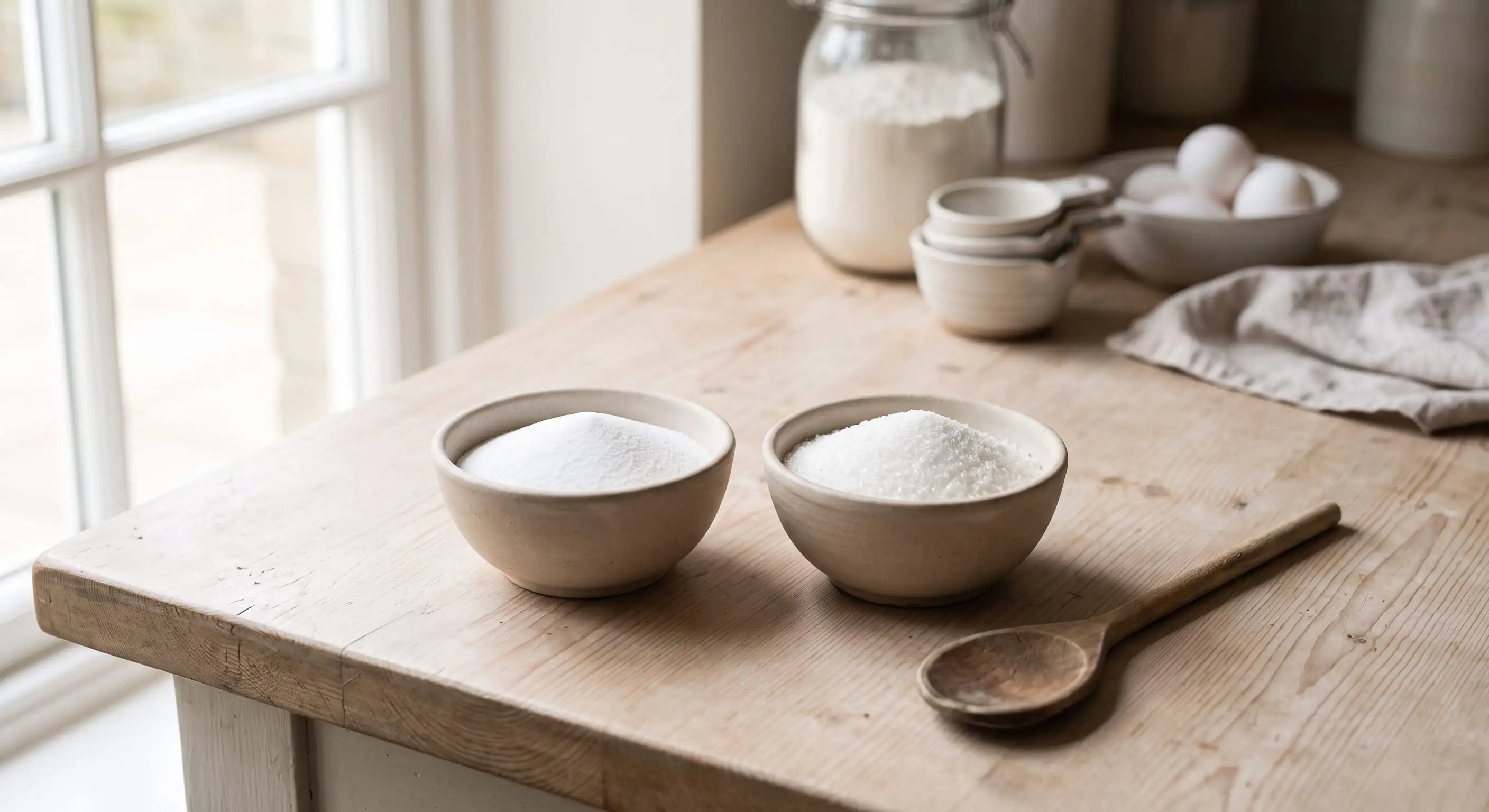 Bowls of fine caster sugar and coarser granulated sugar side by side with a wooden baking spoon