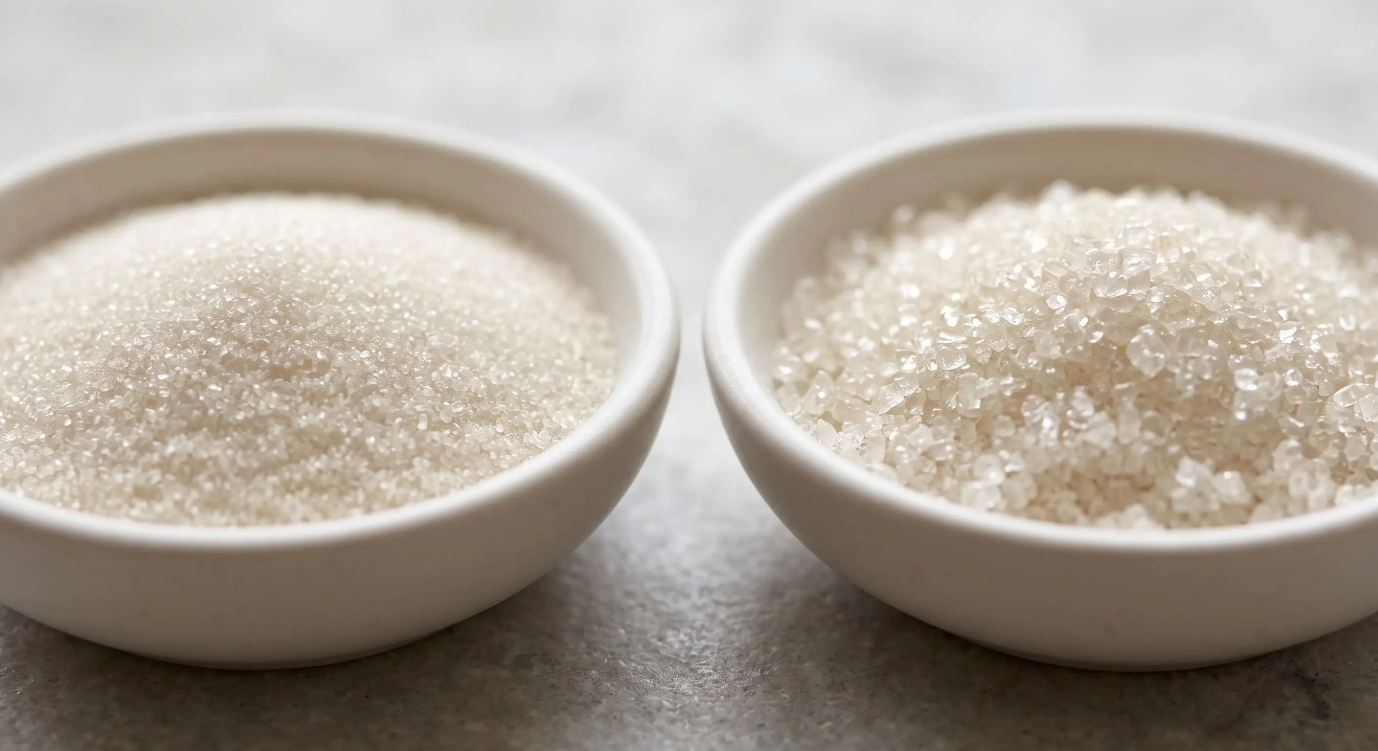 Close-up showing the crystal-size difference between caster sugar and granulated sugar
