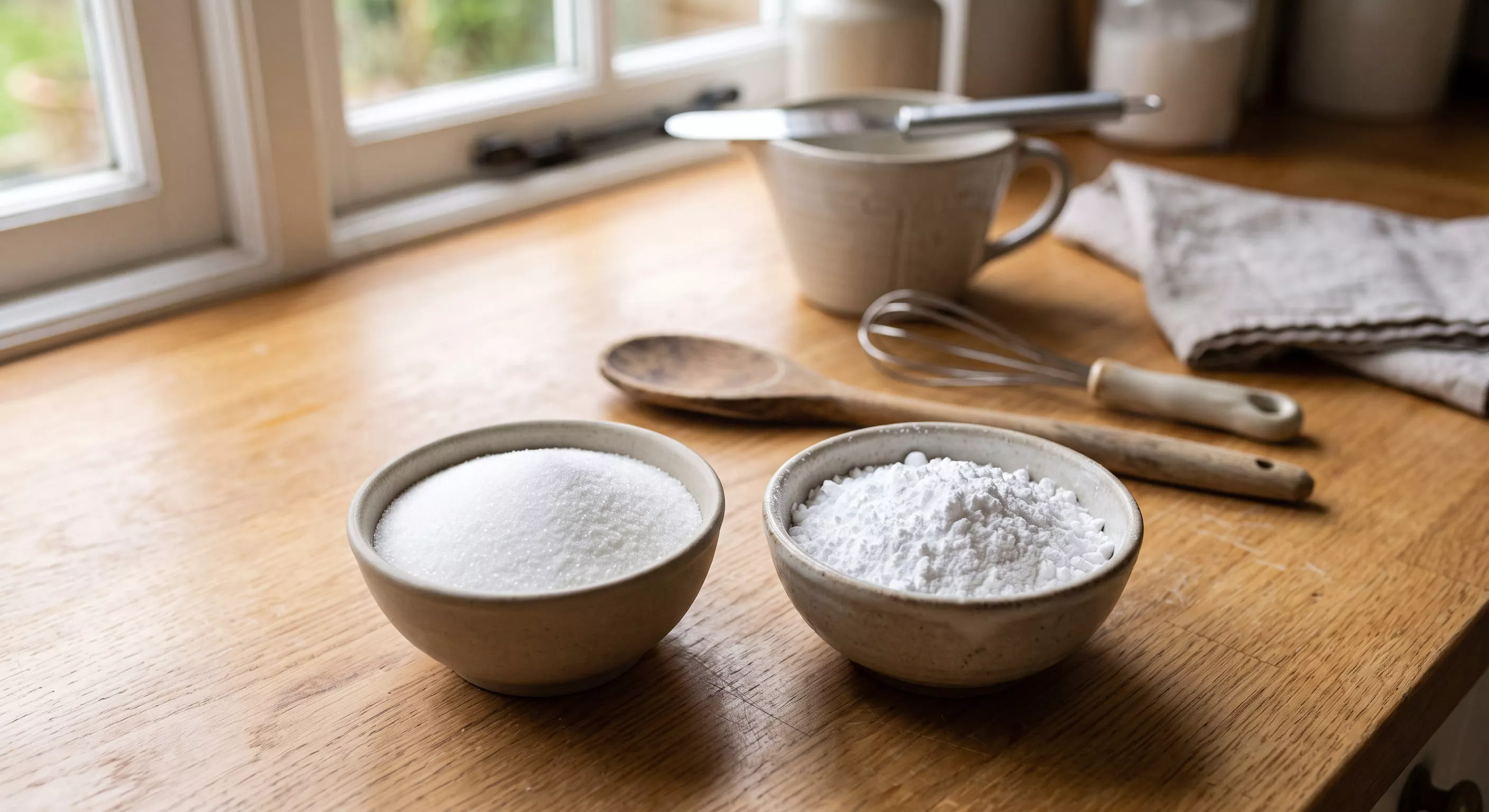 Bowls of fine caster sugar and powdery icing sugar side by side on a wooden kitchen worktop