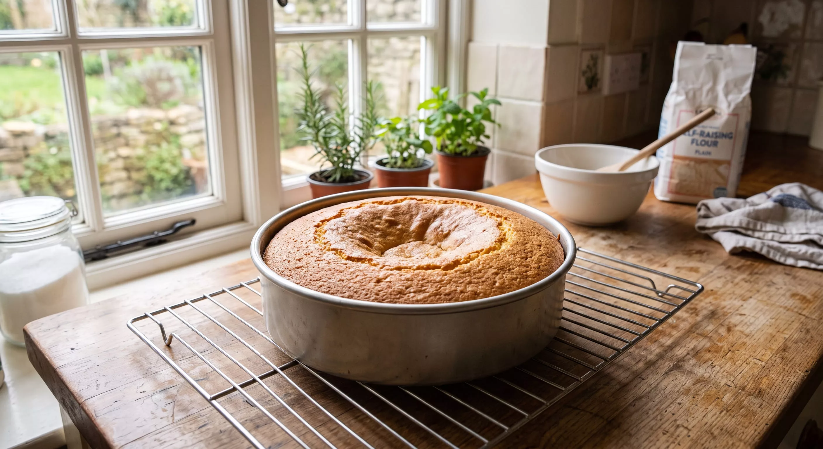 Sponge cake with a sunken centre cooling on a wire rack in a home kitchen
