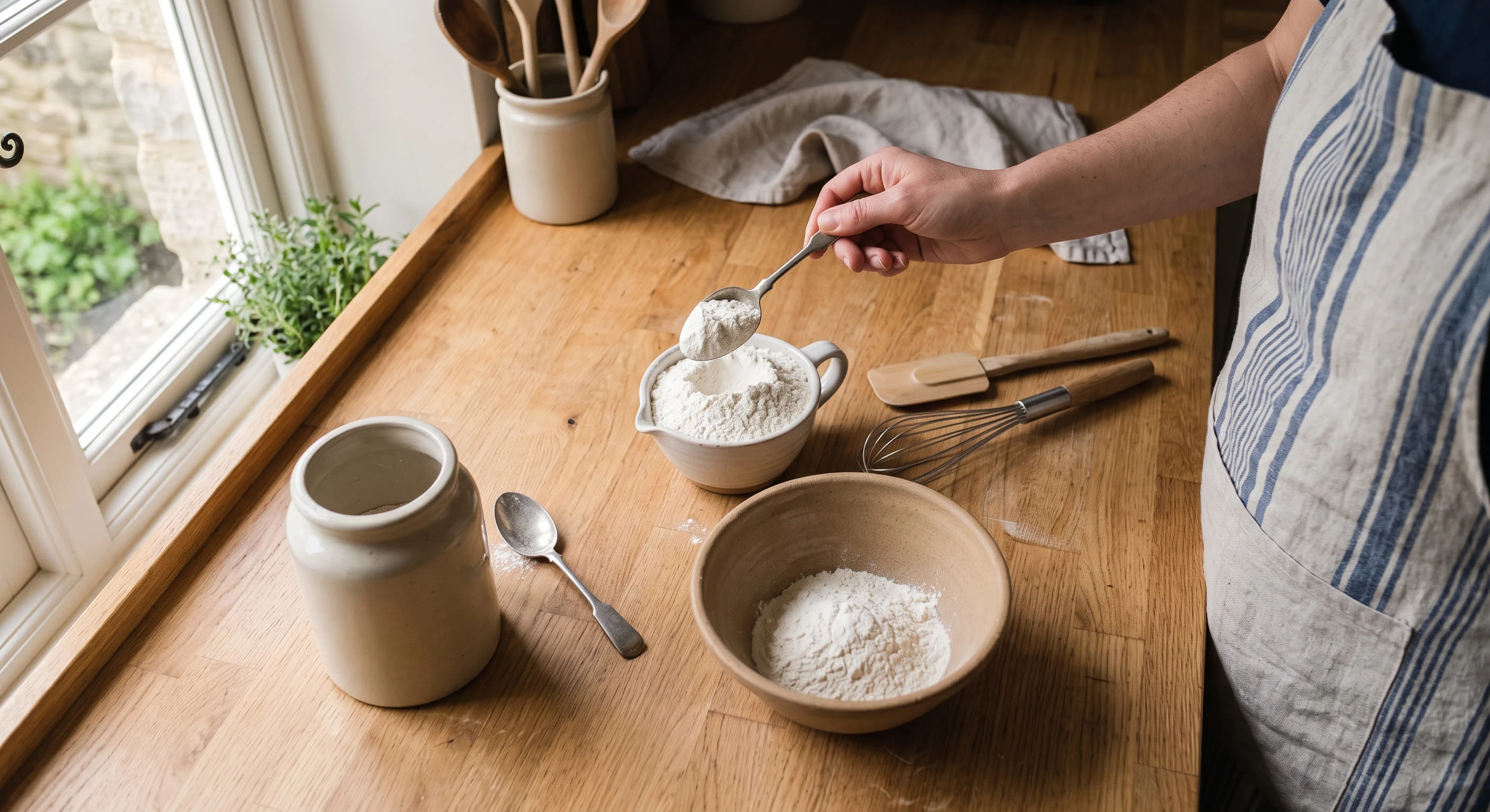 Overhead view of plain flour being measured into a cup with a level tablespoon on a wooden kitchen worktop