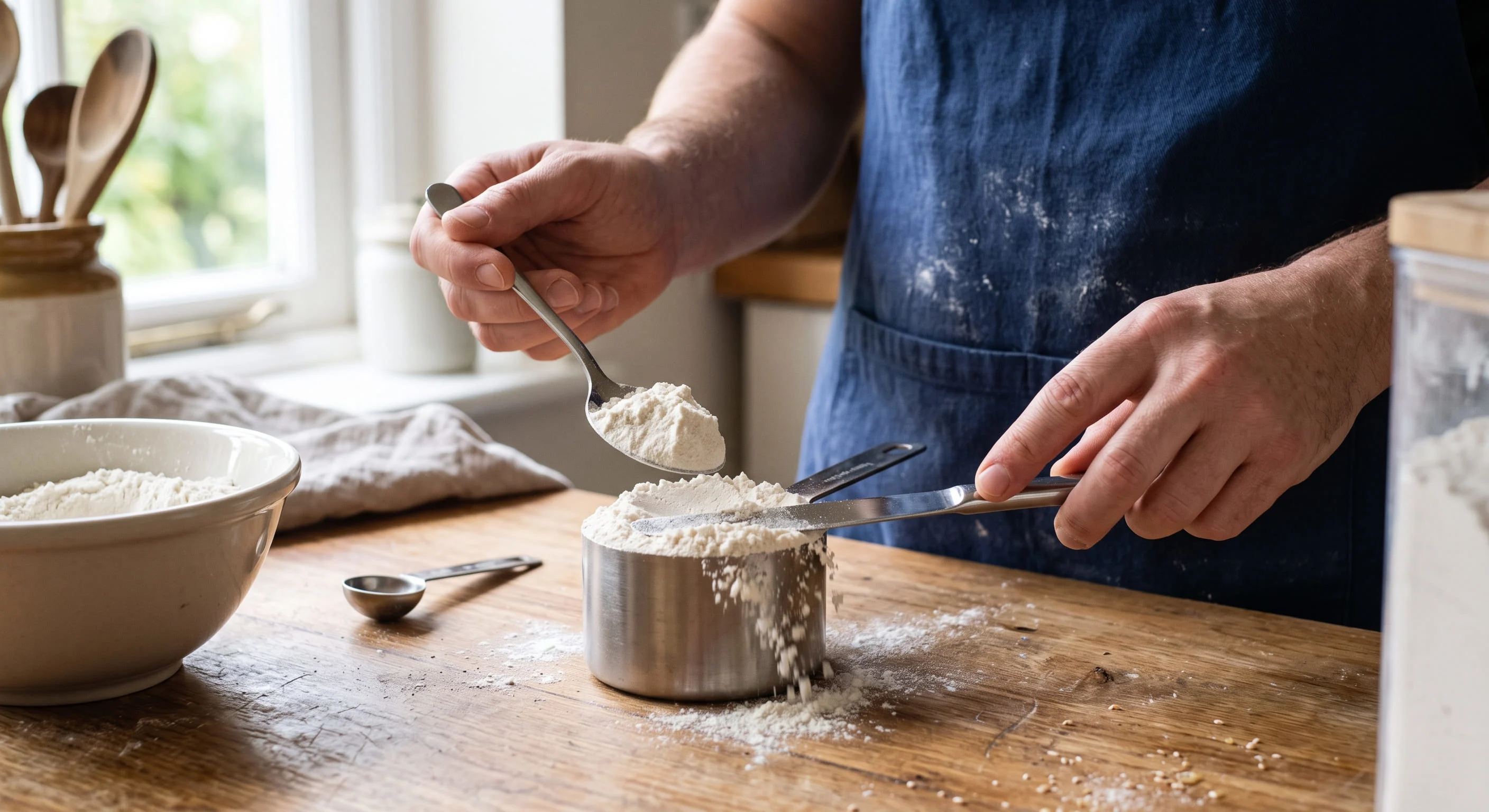 Flour being spooned into a measuring cup and levelled with the back of a knife