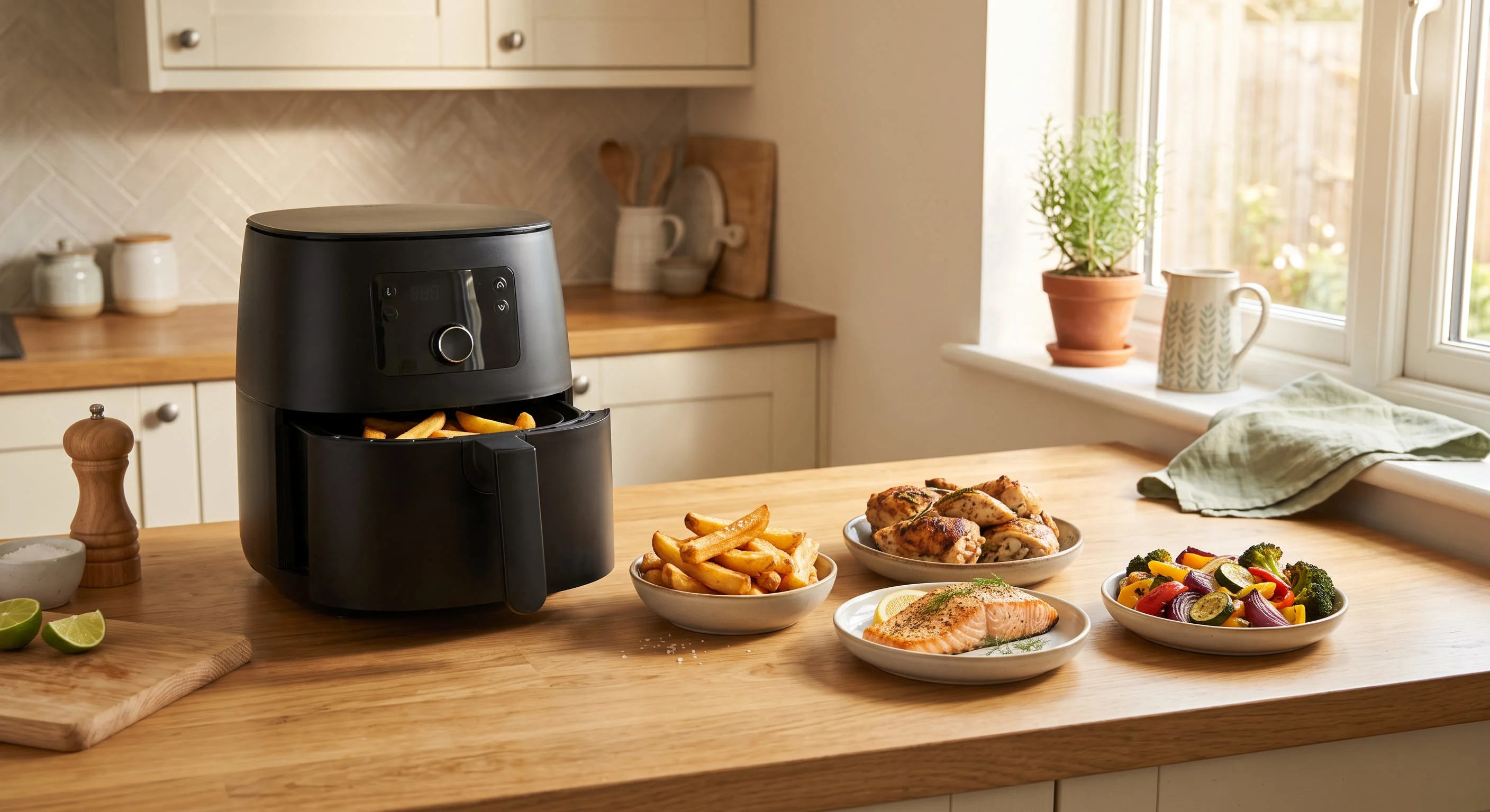 Unbranded air fryer on a kitchen worktop with dishes of golden chips, chicken, salmon and roasted vegetables