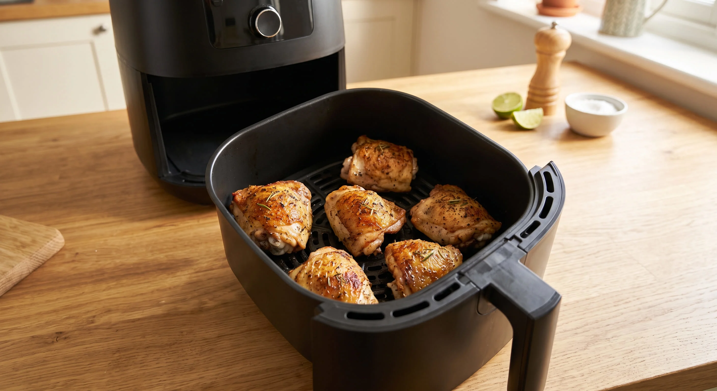 Cooked chicken thighs arranged in a single layer inside an open air fryer basket