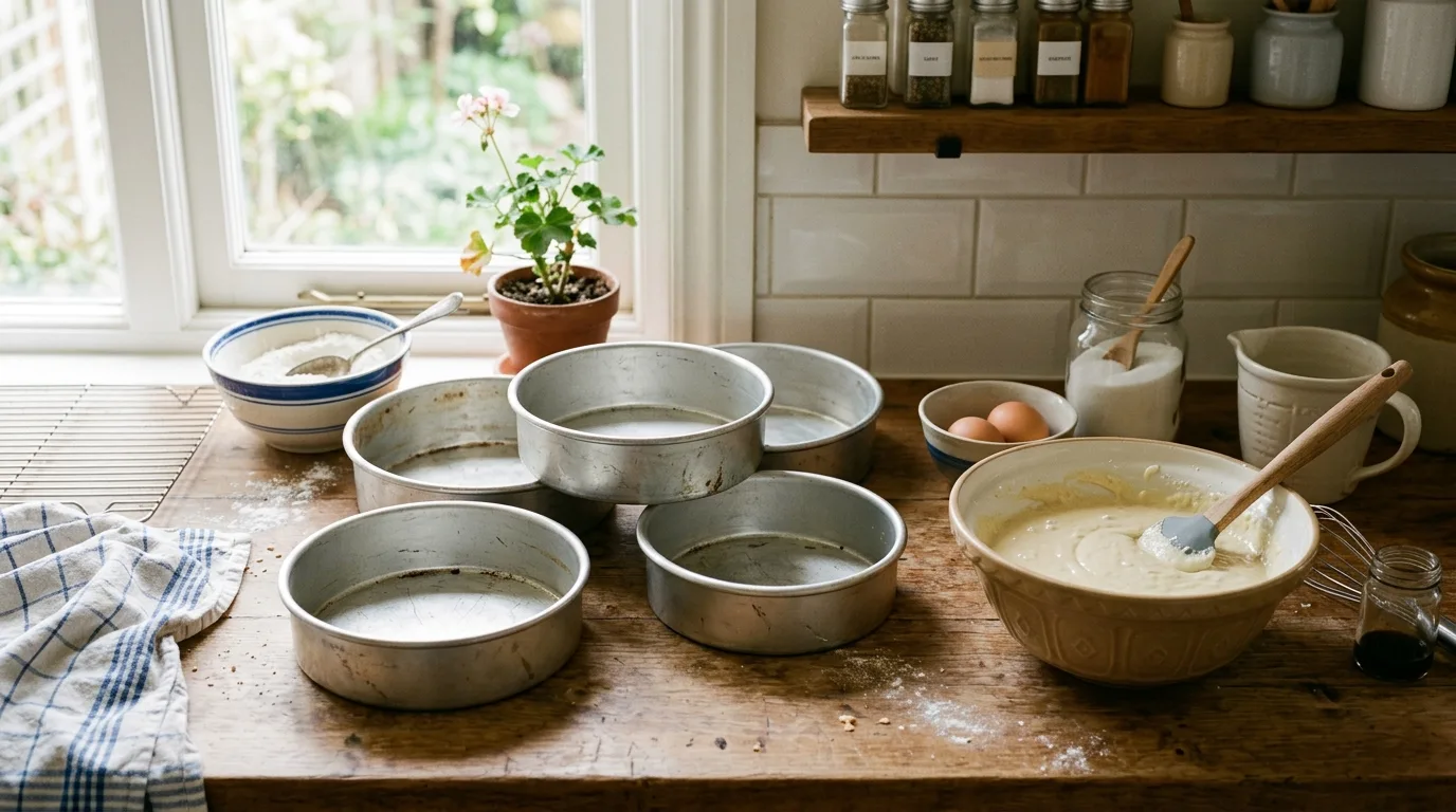 Round cake tins of different sizes beside a bowl of cake batter on a kitchen worktop.