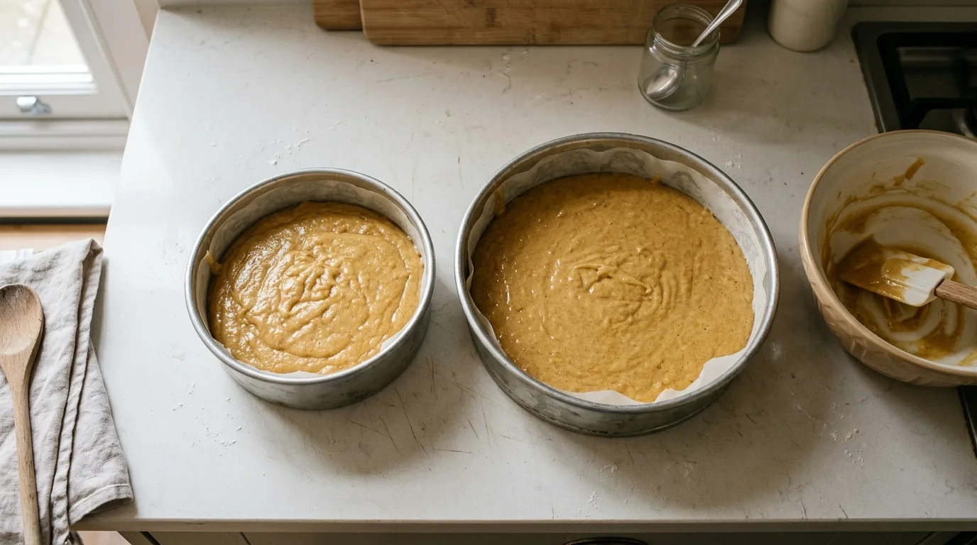 Two different-sized round cake tins containing cake batter at different depths.