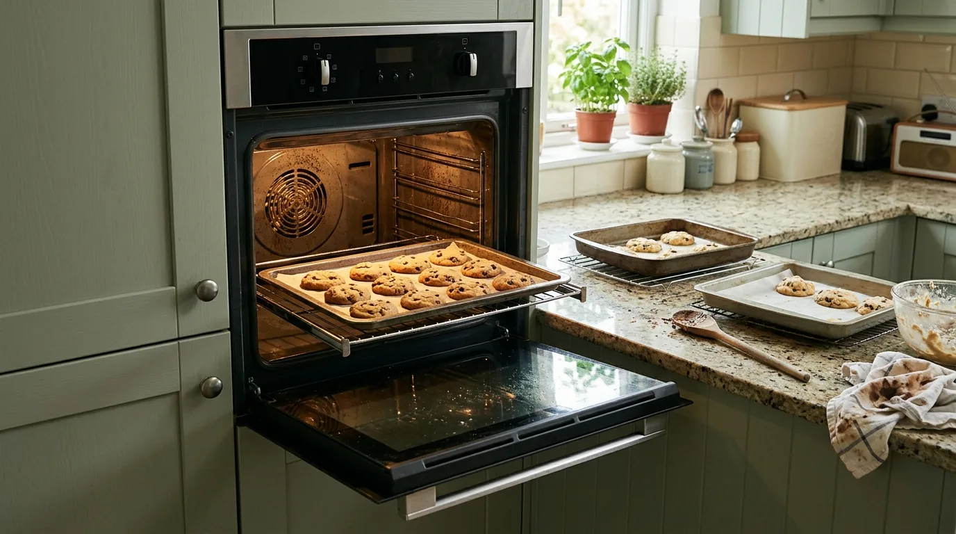 Open kitchen oven with a tray of biscuits inside and another baking dish on the nearby worktop.