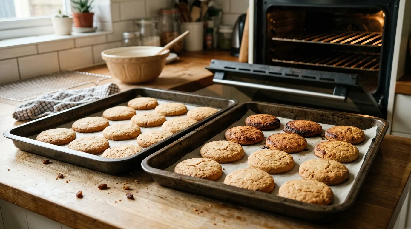 Two trays of homemade biscuits showing slightly different levels of browning beside an open oven.
