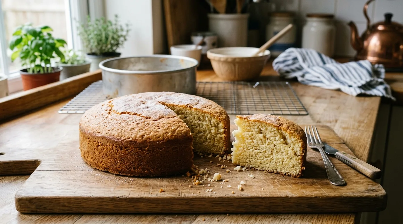 Homemade sponge cake with a cut slice showing a slightly dry and crumbly interior.