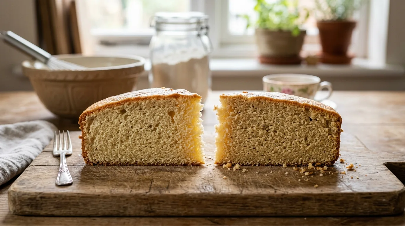 Two slices of sponge cake showing a soft open crumb beside a tighter and slightly drier crumb.