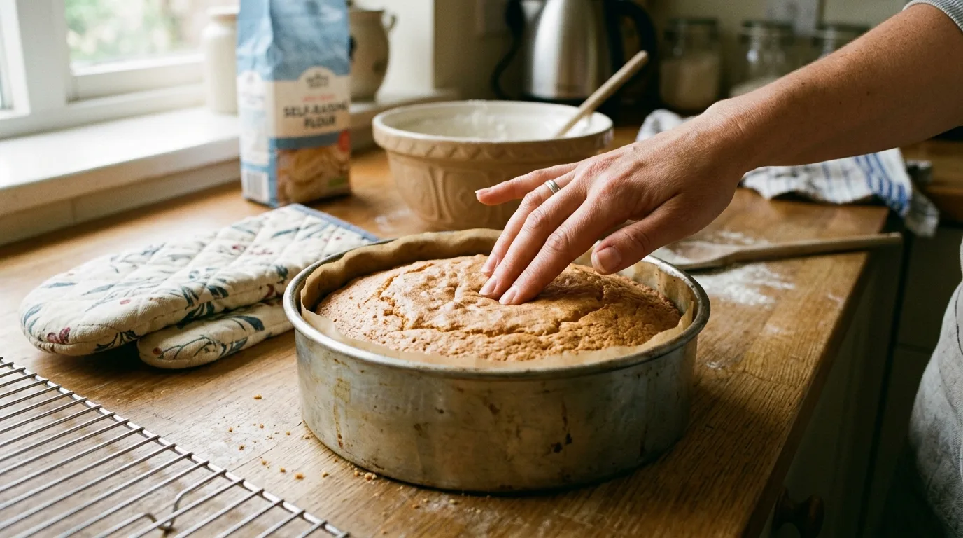A hand gently pressing the centre of a homemade sponge cake while it is still in its baking tin.