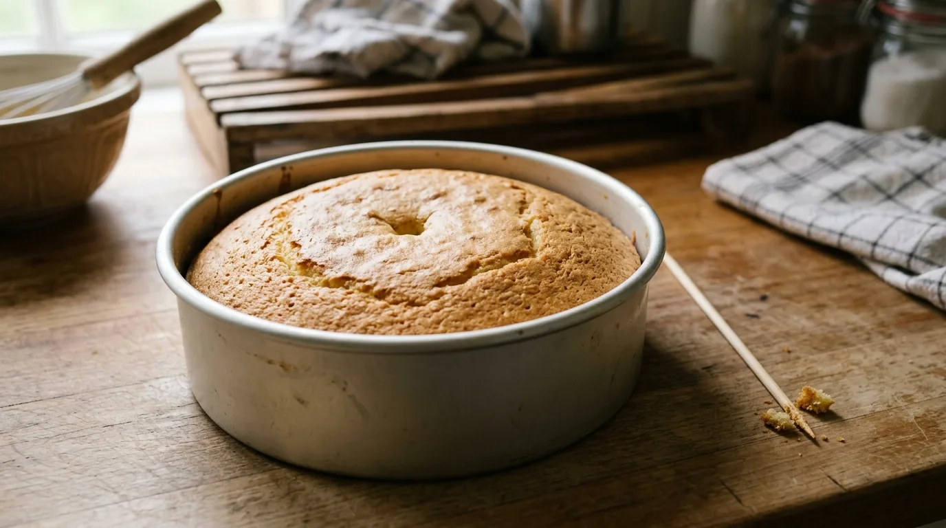 Freshly baked sponge cake with a wooden skewer beside it showing a few dry crumbs.