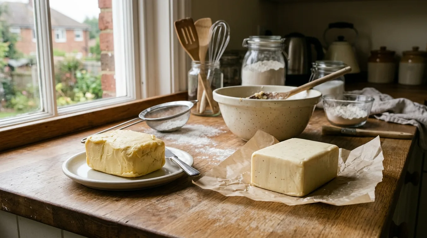 A block of butter and a firm baking margarine block beside a mixing bowl on a kitchen worktop.