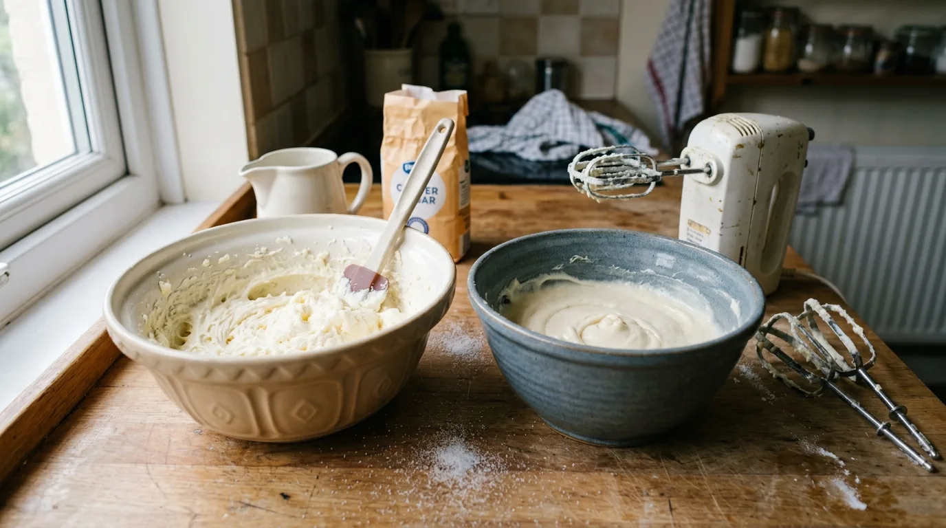 Two bowls of creamed baking fat and sugar showing slightly different homemade textures.