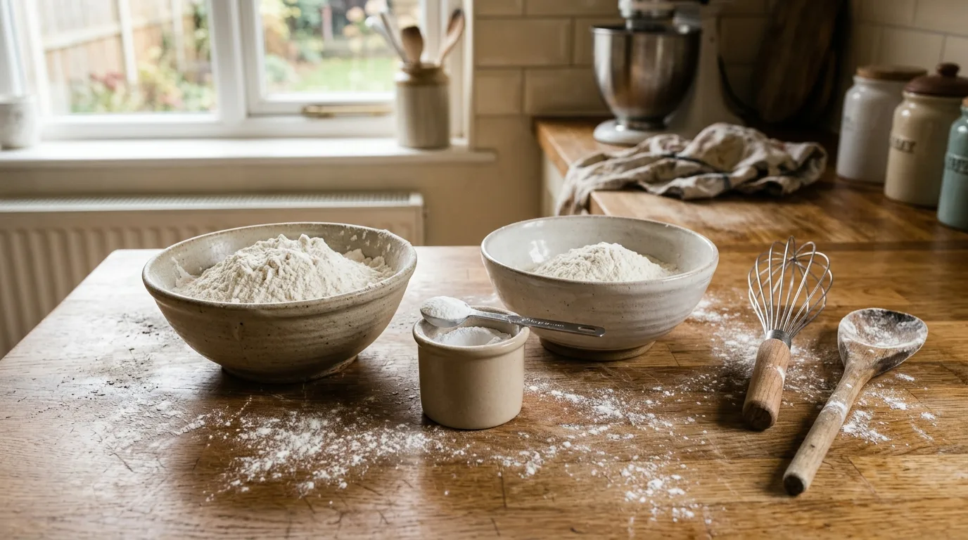 Two bowls of flour beside baking powder, a measuring spoon and a whisk on a kitchen worktop.