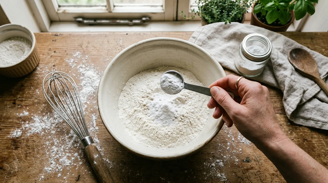 Baking powder being added to a bowl of plain flour beside a whisk on a kitchen worktop.