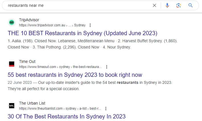 search results of restaurants near me