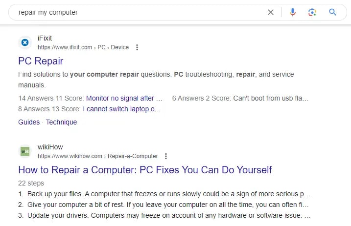 search results of repair my computer showing repair guides