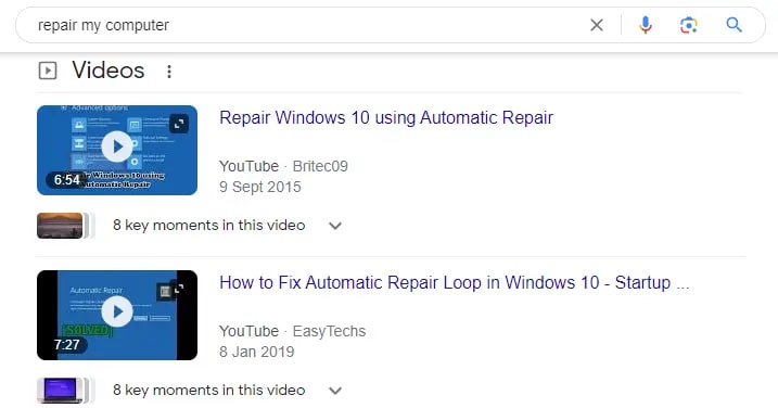 search results of repair my computer showing videos