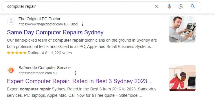 search results of computer repair