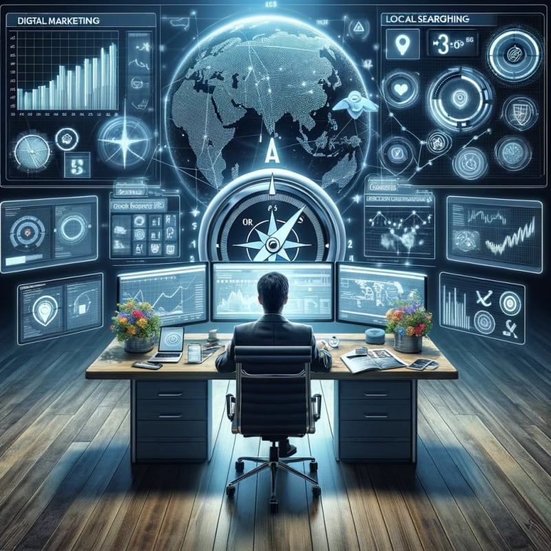 A conceptual image showcasing analytics as a compass in the world of digital marketing and local SEO.