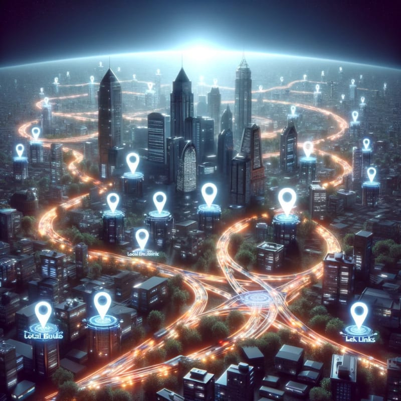 A metaphorical image visualizing the internet as a vast cityscape, with links and local backlinks represented as roads and streets.