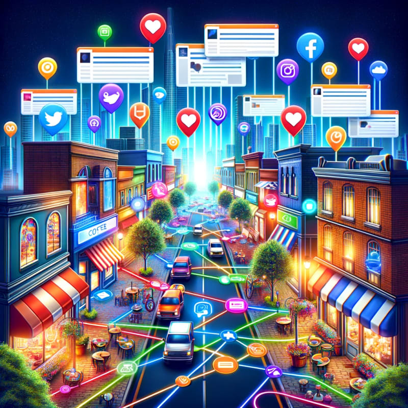 A vibrant and insightful image depicting social media's role in local SEO.
