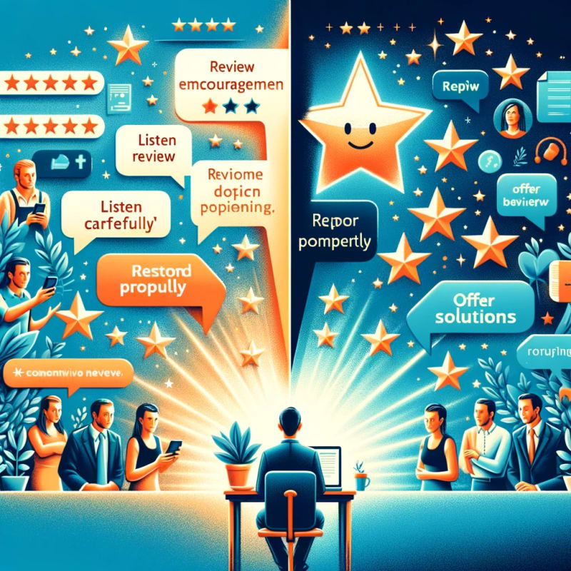 An informative and dynamic image depicting strategies for encouraging positive reviews and managing negative feedback for businesses.