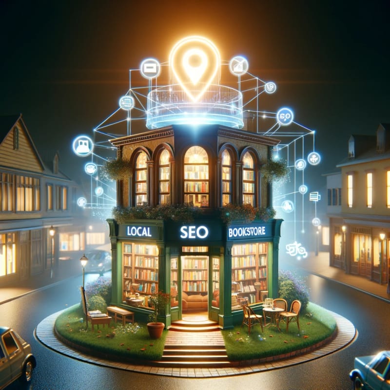 A creative visualization of local SEO as a virtual beacon for a charming bookstore.